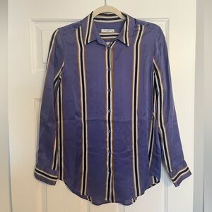 100% Silk Equipment Blue Vertical Stripe Button-Down Shirt
